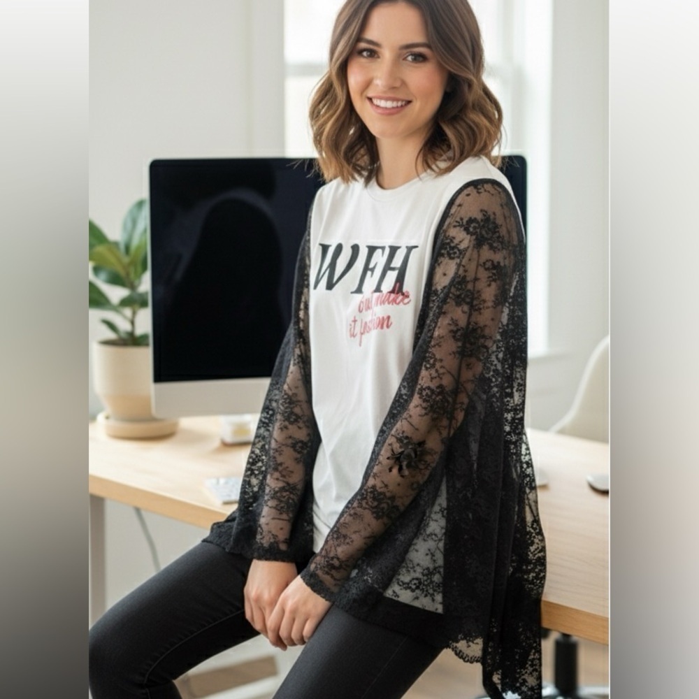 Upcycled WFH but make it fashion Lace Sleeve Top Onesize
